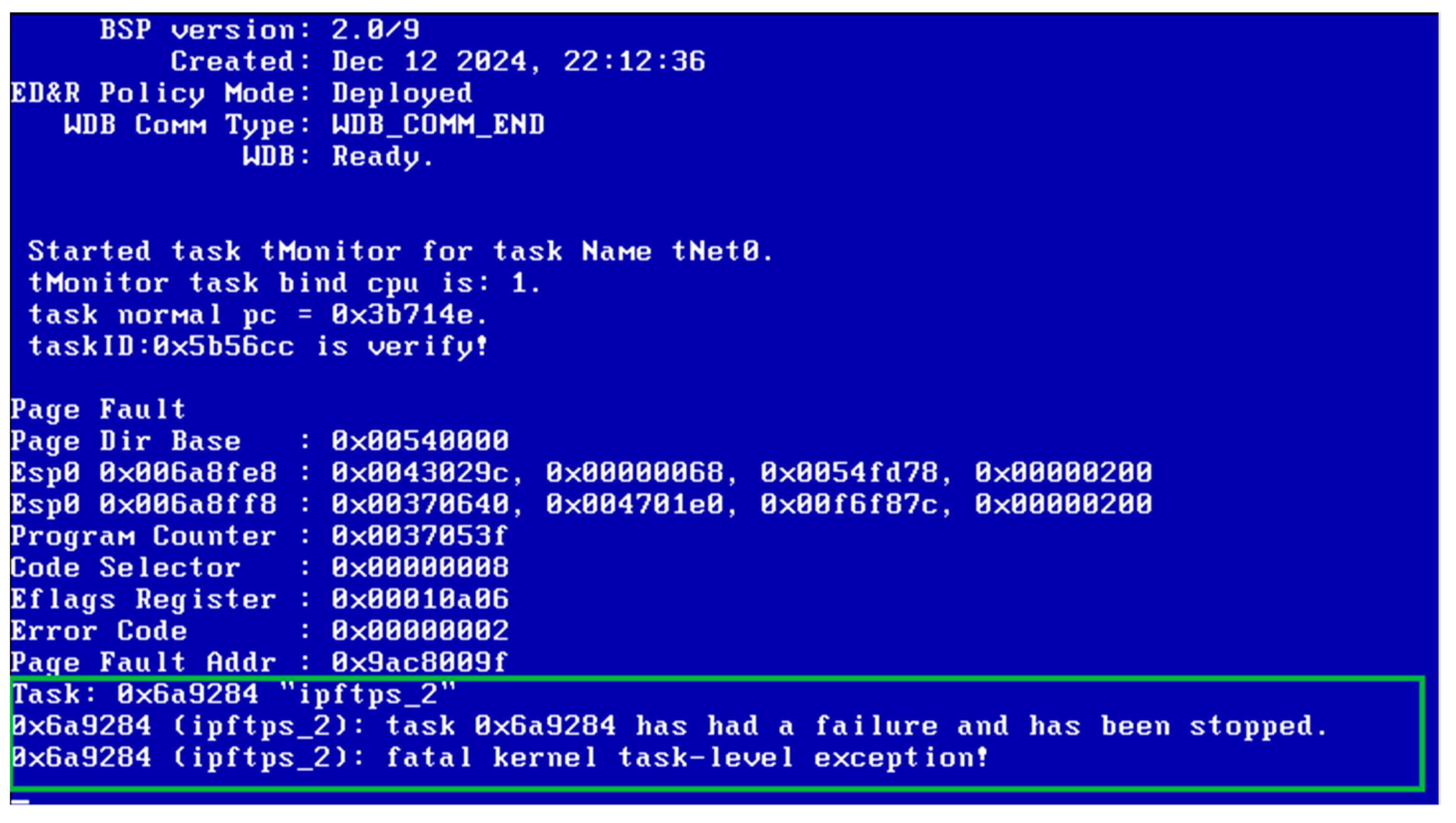 Figure 8. System output of VxWorks6.6 during integer overflow