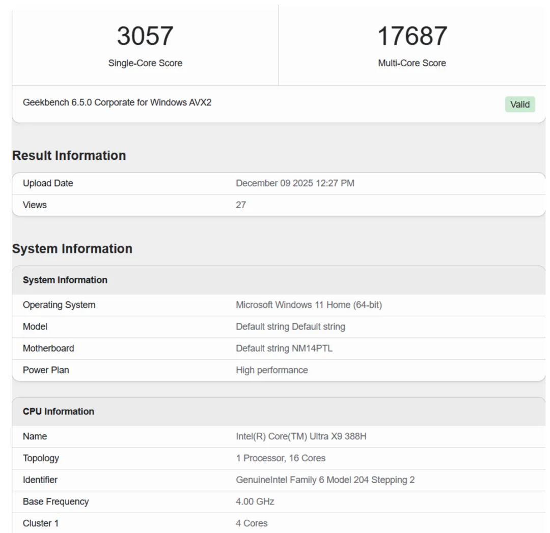 Intel Ultra X9 388H Benchmark
